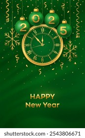 Happy New Year 2025. Hanging green Christmas bauble balls with realistic gold 3d numbers 2025 and snowflakes. Watch with Roman numeral and countdown midnight, eve for New Year. Merry Christmas. Vector