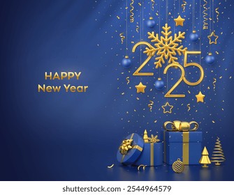 Happy New Year 2025. Hanging golden metallic numbers 2025 with snowflake, stars and balls on blue background. Gift boxes and golden metallic pine or fir, cone shape spruce trees. Vector illustration.