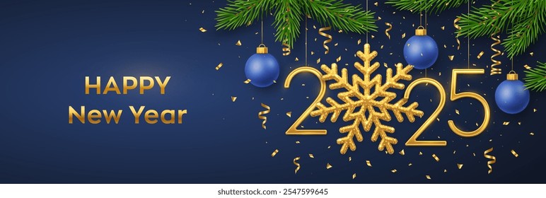 Happy New Year 2025. Hanging Golden metallic numbers 2025 with snowflake, balls, pine branches and confetti on blue background. New Year greeting card or banner template. Holiday decoration. Vector.