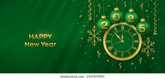 Happy New Year 2025. Hanging green Christmas bauble balls with realistic gold 3d numbers 2025 and snowflakes. Watch with Roman numeral and countdown midnight, eve for New Year. Merry Christmas. Vector