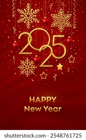 Happy New Year 2025. Hanging Golden metallic numbers 2025 with shining snowflakes, 3D metallic stars, balls and confetti on red background. New Year greeting card or banner template. Vector.