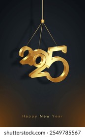 Happy New Year 2025, hanging gold 3D numbers. Holiday greeting card design. Vector illustration for greeting card, invitation, calendar, party, golden holiday symbol isolated on black background