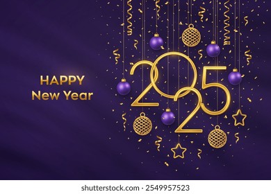 Happy New Year 2025. Hanging Golden metallic numbers 2025 with shining 3D metallic stars, balls and confetti on purple background. New Year greeting card, banner template. Vector illustration.