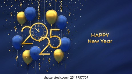 Happy New Year 2025. Hanging Golden metallic numbers 2025, watch with Roman numeral and countdown midnight with 3D festive helium balloons and falling confetti on blue background. Vector illustration.