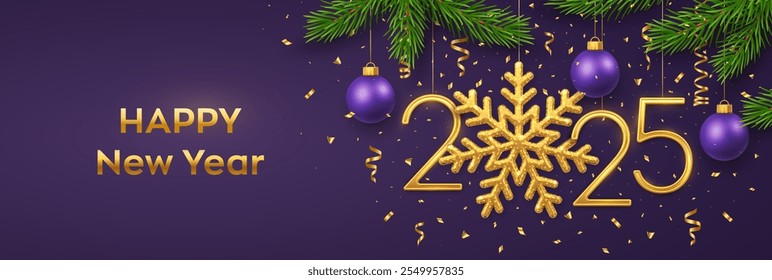 Happy New Year 2025. Hanging Golden metallic numbers 2025 with snowflake, balls, pine branches and confetti on purple background. New Year greeting card or banner template. Holiday decoration. Vector.