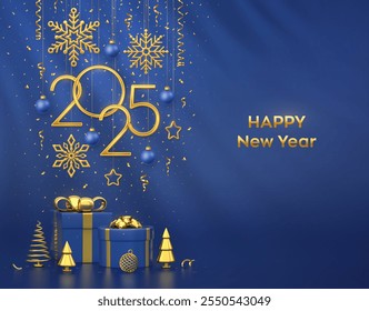 Happy New Year 2025. Hanging golden metallic numbers 2025 with stars, balls and confetti on blue background. Gift boxes and golden metallic pine or fir, cone shape spruce trees. Vector illustration.