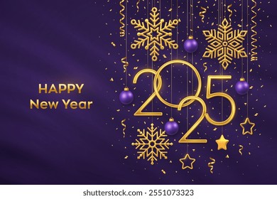 Happy New Year 2025. Hanging Golden metallic numbers 2025 with shining snowflakes, 3D metallic stars, balls and confetti on purple background. New Year greeting card or banner template. Vector.