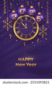 Happy New Year 2025. Hanging purple Christmas balls with realistic gold 3d numbers 2025 and snowflakes. Watch with Roman numeral and countdown midnight, eve for New Year. Merry Christmas. Vector.