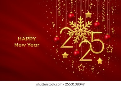 Happy New Year 2025. Hanging Golden metallic numbers 2025 with shining snowflakes, 3D metallic stars, balls, confetti on red background. New Year greeting card, banner template. Vector illustration