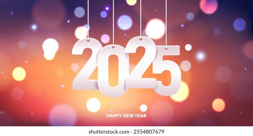 Happy new year 2025. Hanging white paper number on a colorful blurry background.
