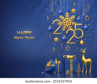 Happy New Year 2025. Hanging gold metallic numbers 2025 with golden snowflake, stars, balls on blue background. Gift box, reindeer, metallic pine or fir, cone shape spruce trees. Vector illustration.