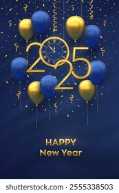 Happy New Year 2025. Hanging Golden metallic numbers 2025, watch with Roman numeral and countdown midnight with 3D festive helium balloons and falling confetti on blue background. Vector illustration.