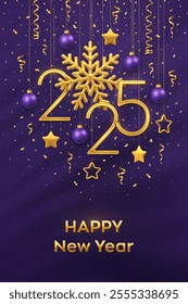 Happy New Year 2025. Hanging Golden metallic numbers 2025 with shining snowflake, 3D metallic stars, balls, confetti on purple background. New Year greeting card, banner template. Vector illustration