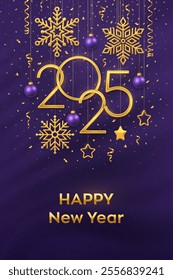 Happy New Year 2025. Hanging Golden metallic numbers 2025 with shining snowflakes, 3D metallic stars, balls and confetti on purple background. New Year greeting card or banner template. Vector.