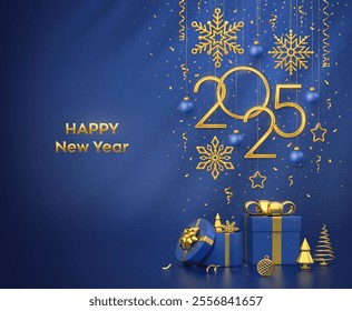 Happy New Year 2025. Hanging golden metallic numbers 2025 with snowflakes, stars and balls on blue background. Gift boxes and golden metallic pine or fir, cone shape spruce trees. Vector illustration.