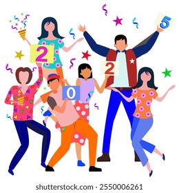 feliz año nuevo 2025 felicidad hombre de dibujos animados mujer celebración personaje, número 2025, Vector de diseño de ilustración. Fiesta de año Nuevo de Festiva.