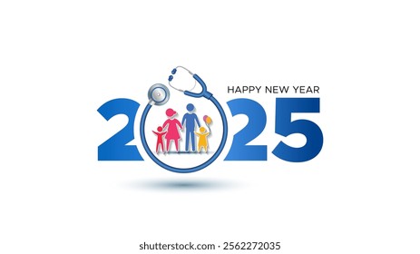 Happy New Year 2025 Helthy and prospesios well wishes greeting card. Happy healthy family with doctor stethoscope poster banner design.