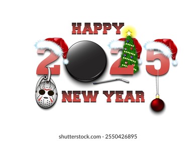 Happy new year. 2025 with hockey puck. Numbers in Christmas hats with hockey mask and Christmas tree ball. Original template design for greeting card. Vector illustration on isolated background