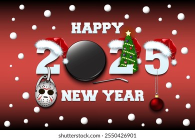 Happy new year. 2025 with hockey puck. Numbers in Christmas hats with hockey mask and Christmas tree ball. Original template design for greeting card. Vector illustration on isolated background