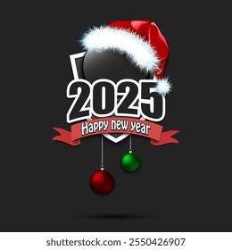 Happy new year 2025. Hockey logo template design. Hockey puck in santa hat. Design pattern for greeting card, banner, poster. Vector illustration on isolated background