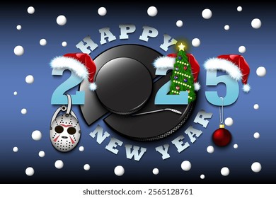 Happy new year. 2025 with hockey puck. Numbers in Christmas hats with mask, hockey stick and Christmas tree ball. Original template design for greeting card. Vector illustration on isolated background