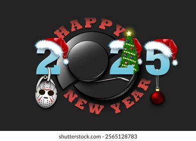 Happy new year. 2025 with hockey puck. Numbers in Christmas hats with mask, hockey stick and Christmas tree ball. Original template design for greeting card. Vector illustration on isolated background