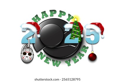 Happy new year. 2025 with hockey puck. Numbers in Christmas hats with mask, hockey stick and Christmas tree ball. Original template design for greeting card. Vector illustration on isolated background