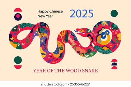 Happy New Year 2025. Holiday card with symbol of 2025 year the Wood Snake. Happy Chinese New Year.
