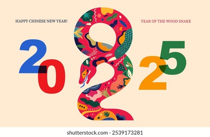 Happy New Year 2025. Holiday card with symbol of 2025 year the Wood Snake. Happy Chinese New Year.
