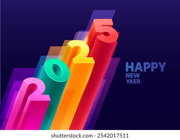 Happy New Year 2025. Holiday colorful lettering design. 3D color numbers on blue background. Greeting card design.