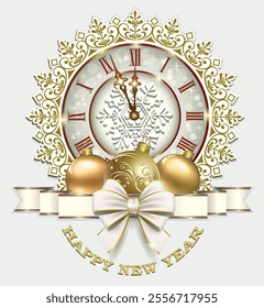 Happy New Year 2025. Holiday greeting card for your design. Festive decoration with clock and balls with ribbon and bow on snowflake background. Vector illustration.