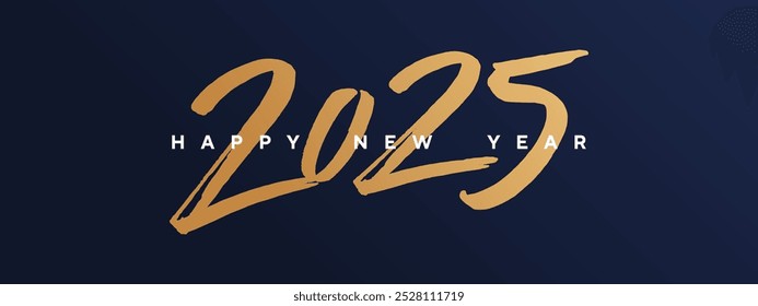 Feliz Ano Novo 2025 banner horizontal ou cabeçalho para o site, cartão de saudação ou cartaz. 2025 logotipo texto design com manuscrito ouro números 2025 isolado na noite fundo azul profundo