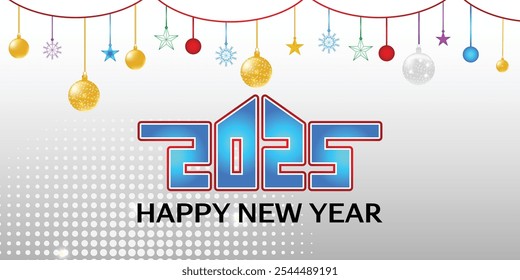 Feliz año Nuevo 2025 Anuncio Horizontal o encabezado para Sitio web, tarjeta de felicitación o cartel. Diseño de texto de logotipo 2025 con 2025 escrito a mano y confeti de estrella brillante aislado sobre fondo blanco