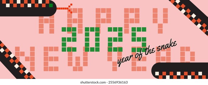 Happy New Year 2025 Horizontal Banner. Chinese New Year Background with Symbol of the Year. Pixelated Snake Design.