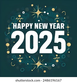 Happy new year 2025 illustration with white text and dark background.