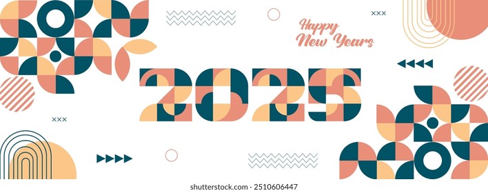 Happy New Year 2025. Illustration of New Year greeting card in creative colorful geometric style. Wide banner design to greet the coming year.