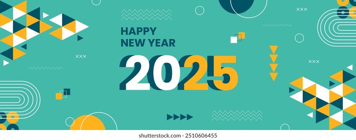 Happy New Year 2025. Illustration of New Year greeting card in creative colorful geometric style. Wide banner design to greet the coming year.