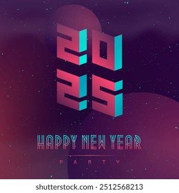 Happy New Year 2025. Illustration on the space theme. Abstract planets. Futuristic design poster with abstract elements in dark space. Applicable for covers, placards, music posters and dj flyers.