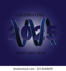 HAPPY NEW YEAR 2025 ILLUSTRATION WITH 3d ribbion isolated over white and blue colour gradient concept.