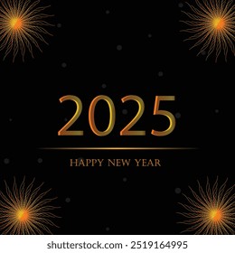 Happy New Year 2025 illustration with circle type pattern in corner isolated over black.