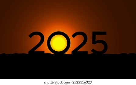 Happy New Year 2025 illustration with sunset scene 2025 silhouette with a rising sun in the background Happy New Year 2025 with a new hope concept vector graphic sunset or sun rising graphic vector