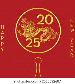 Happy New Year 2025 illustration with a stylish golden dragon showcasing traditional chinese element in red and golden with some pattern in background concept design.