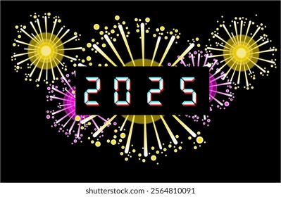 Happy new year 2025 illustration with fireworks and digital numbers against black background. Illustration made December 31st, 2024, Zurich, Switzerland.