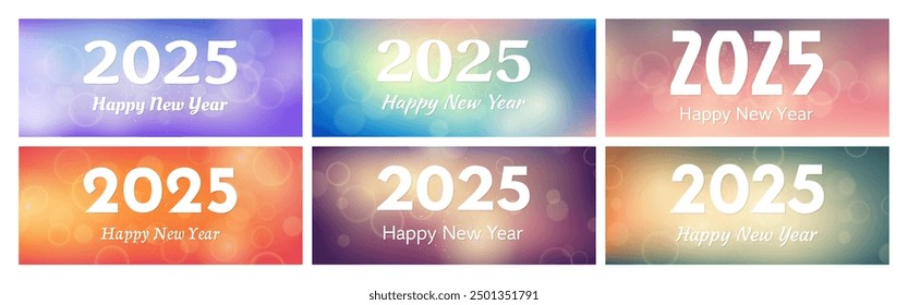 Happy new year 2025 inscription on blurred background. Set of six new year background. White numbers on backdrop with confetti, bokeh and lens flare. Vector illustration