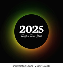 Happy new year 2025 inscription in circle light frame. White numbers on green and orange round neon banner isolated on black background. Vector illustration