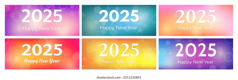 Happy new year 2025 inscription on blurred background. Set of six new year background. White numbers on backdrop with confetti, bokeh and lens flare. Vector illustration
