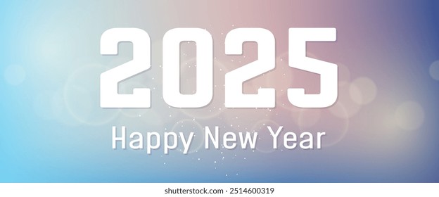 Happy new year 2025 inscription on blurred background. White numbers on backdrop with confetti, bokeh and lens flare. Vector illustration