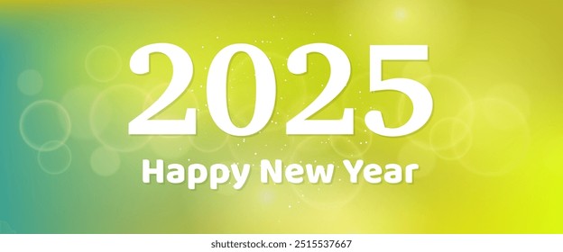 Happy new year 2025 inscription on blurred background. White numbers on backdrop with confetti, bokeh and lens flare. Vector illustration