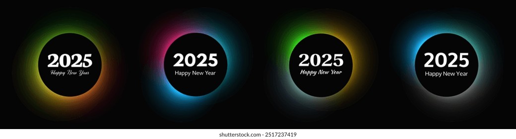 Happy new year 2025 inscription in circle light frame. Set of white numbers on multicolor round neon banners isolated on black background. Vector illustration
