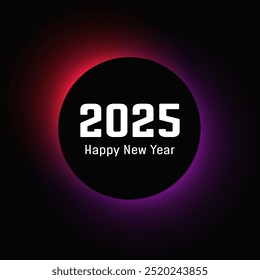 Happy new year 2025 inscription in circle light frame. White numbers on purple and pink round neon banner isolated on black background. Vector illustration